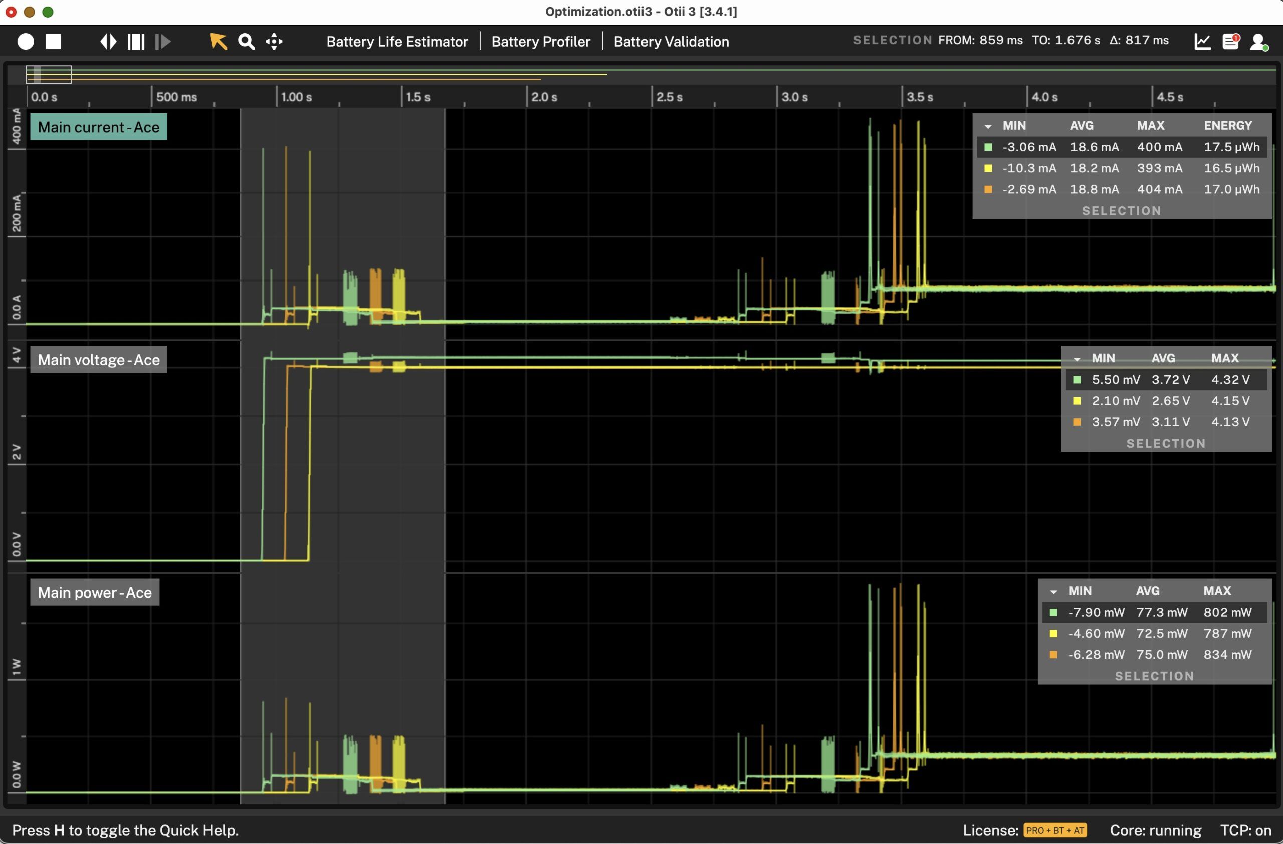 Compare power measurements in real-time with Otii Arc/Ace Pro.