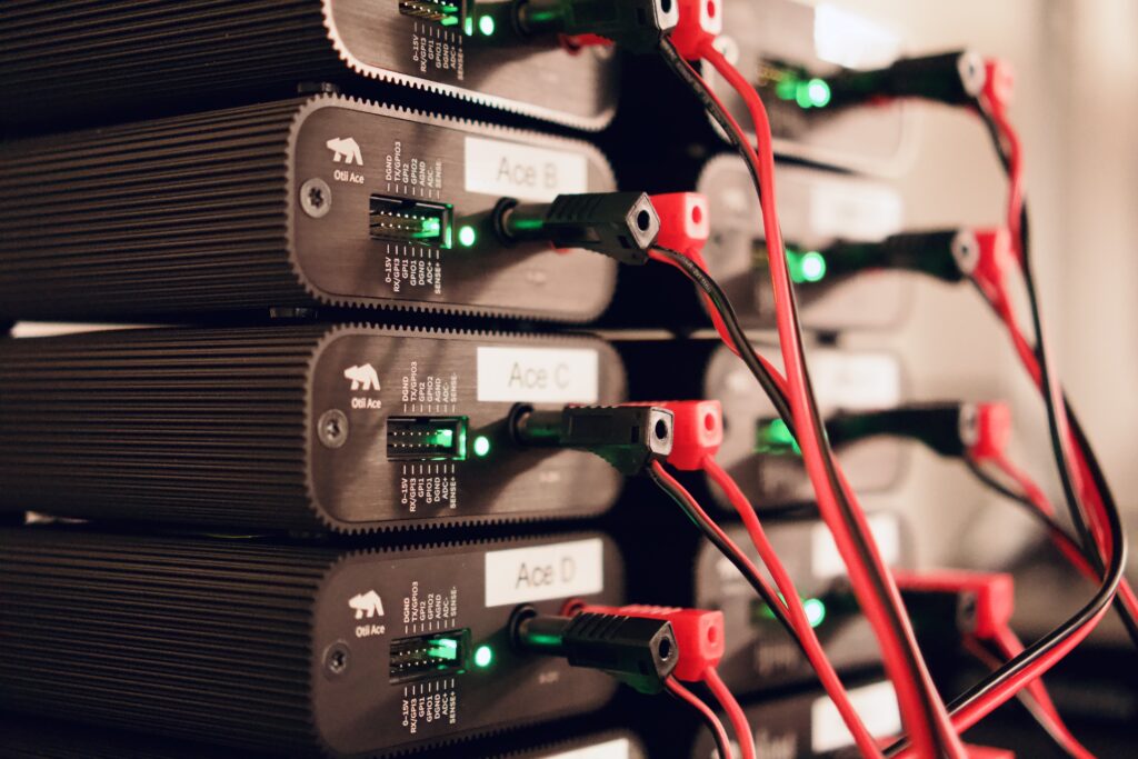 Multiple Otii Ace Pros connected to one single computer enable compact and scalable embedded power testing setup.